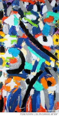 an abstract painting with blue, orange, and black colors