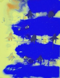 an abstract painting with blue and yellow colors