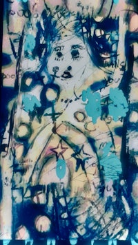 a painting of a woman with a blue background