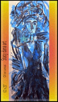 a painting of a woman wearing a blue hat