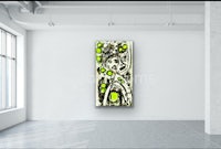 an abstract painting hangs on a wall in an empty room